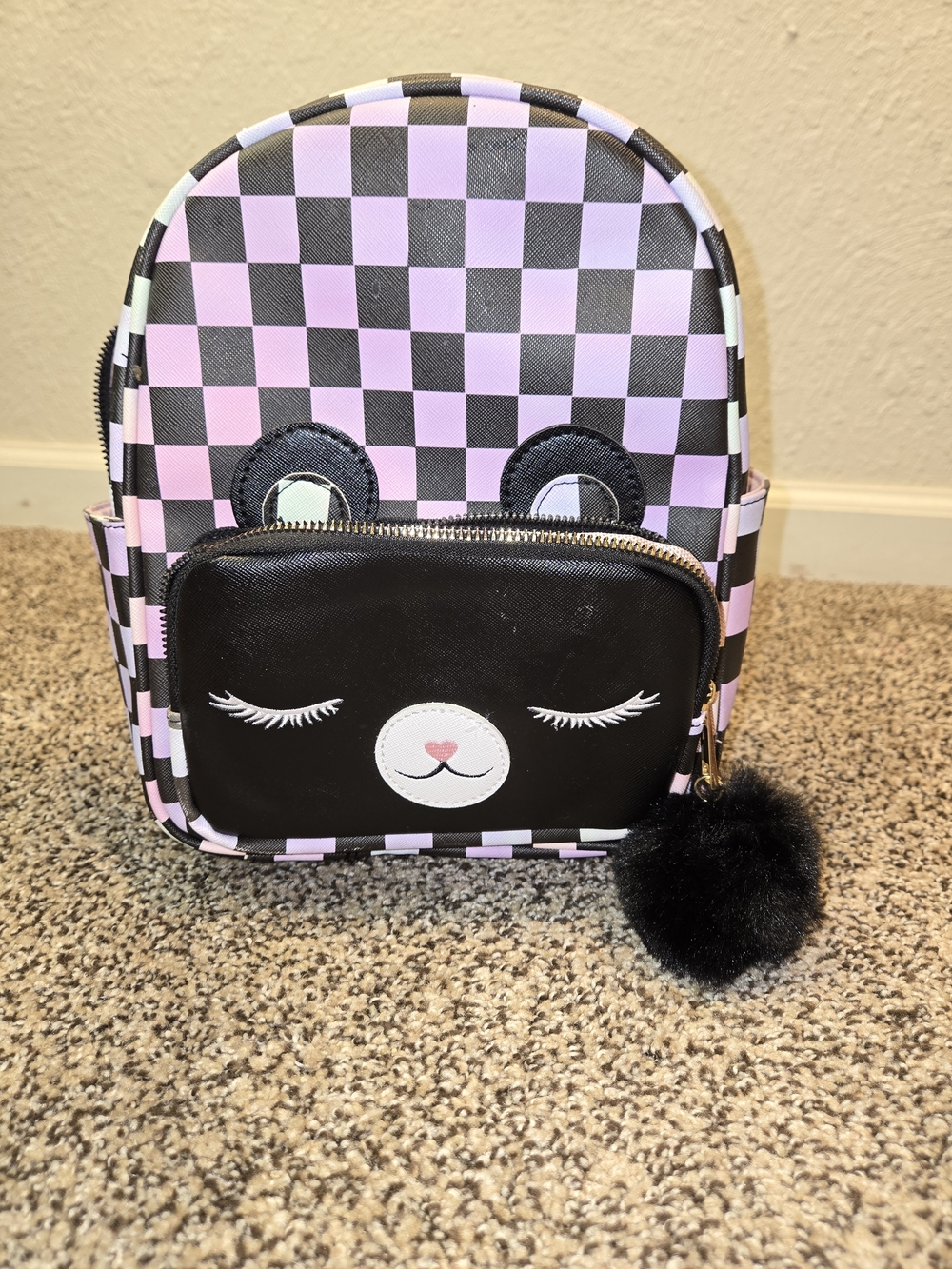 Under One Sky Pink and Black Checkerboard Bear Mini Backpack
